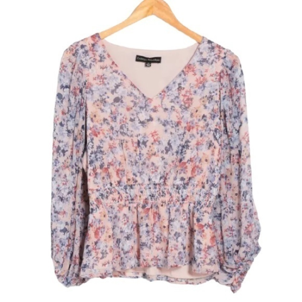 Catherine Malandrino Pastel Floral Long Blouson Sleeve Blouse Size Large